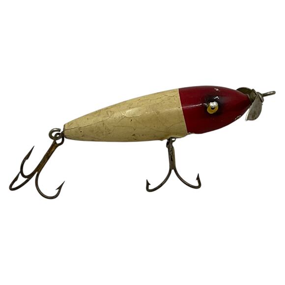Vintage Wooden Fishing Lure Red Head White Body Propeller Topwater - Picture 1 of 5